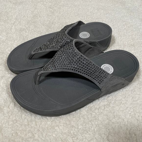 FitFlop Rokkit Thong Sandals Rhinestones Suede Gray Platform 9 - Picture 2 of 6